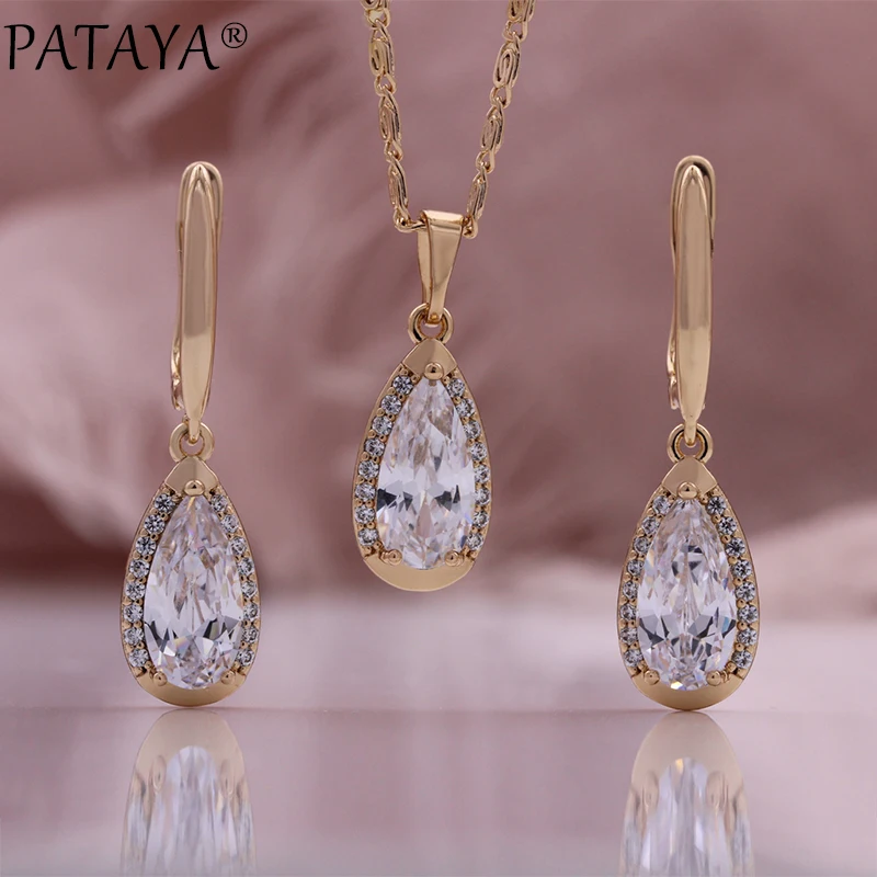 PATAYA 2024 New Champagne Gold Color Drop Earrings Pendant Necklace Rings Hollow Set Luxury Anniversary Gift Women Jewelry Set