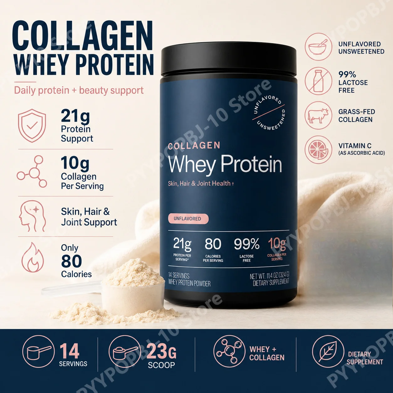 Collagen Whey Protein Powder Unflavored Unsweetened Grass Fed  21g Protein 10g Collagen Per Serving Skin Hair Joint Support