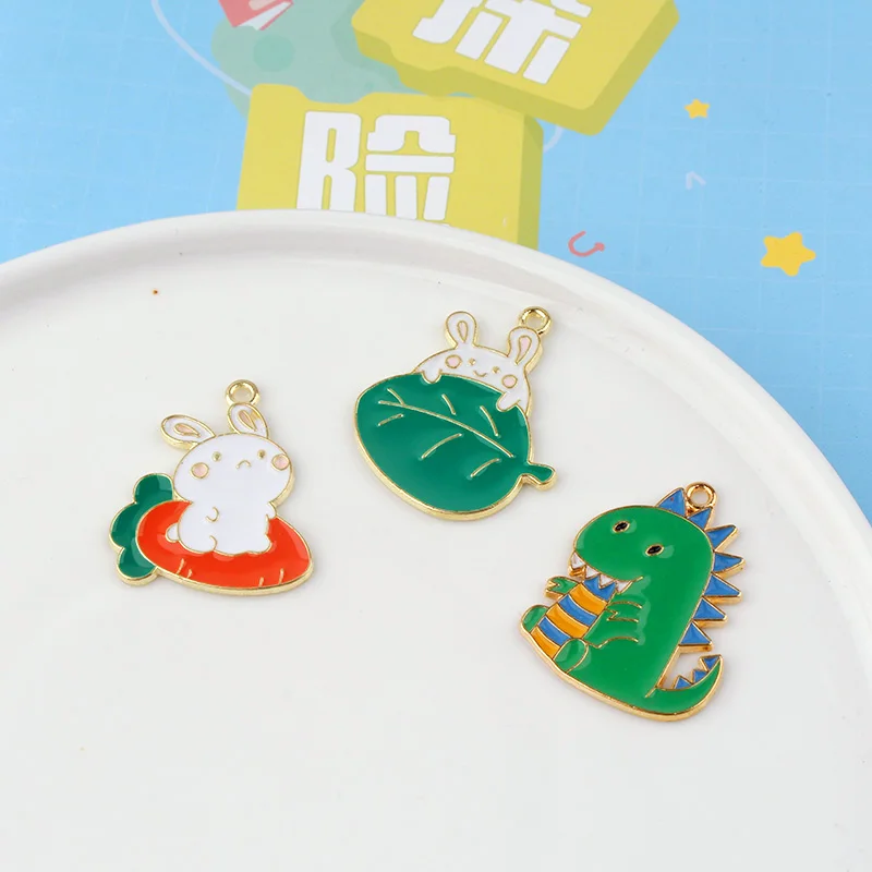 

10pcs Cute Cartoon Green Leaf Rabbit Dinosaur Alloy Carrot Rabbit Diy Accessories Handmade Material Pendant Charms