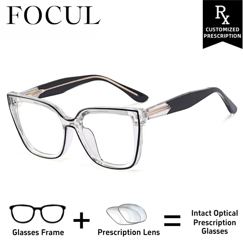 

FOCUL TR90 Oversize Frame Anti Blue Light Glasses Photochromic Myopia Eyeglasses Women Customized Prescription Optical Eyewear