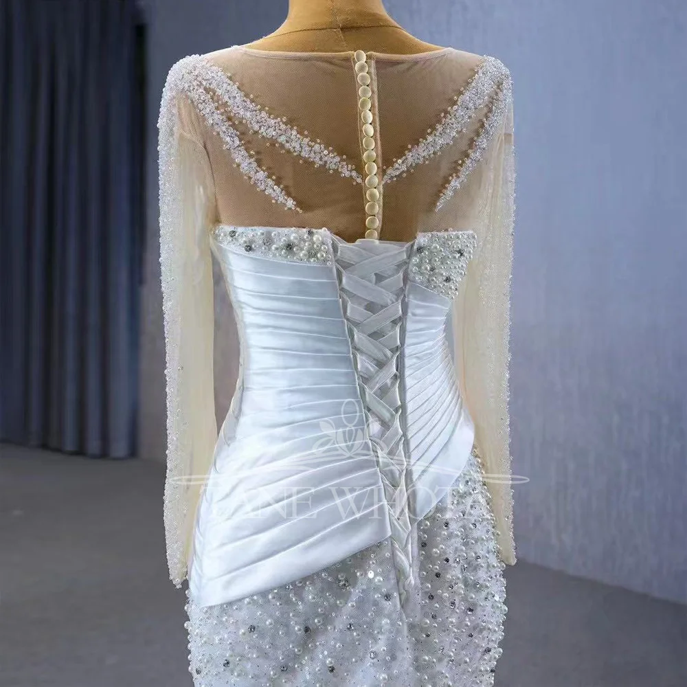 Luxury O-Neck Long Sleeve Wedding Dress Beaded Button Detail Lace-Up Back Sheath Style Bridal Gown Customizable Fit Sexy