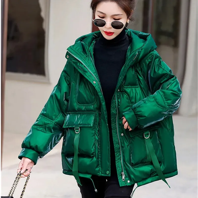 Glossy Down Cotton Jacket Women 2024 Winter New Thicken Padded Parkas Coat Women Warm Hooded Jackets Fashion Loose Short Outwear