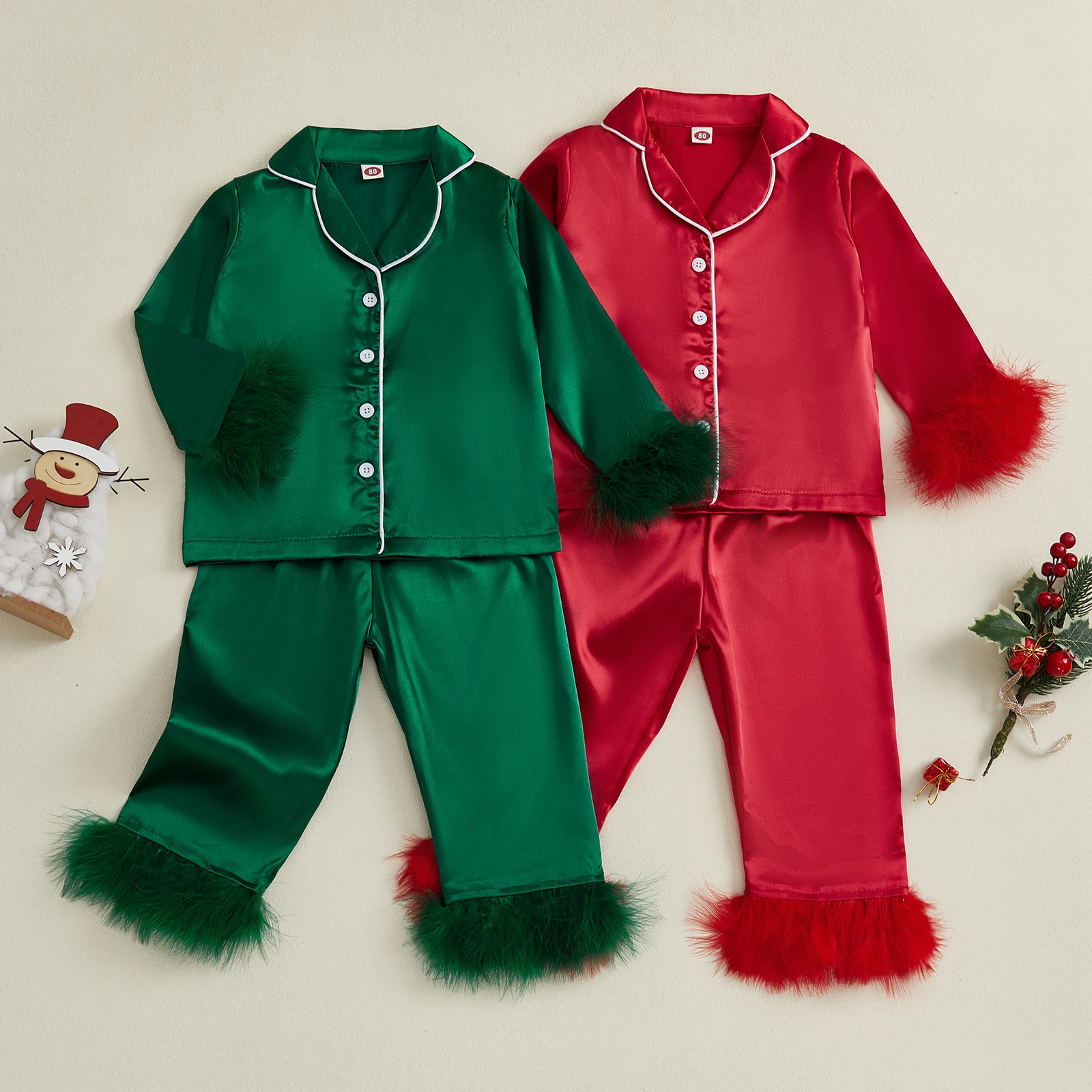 

Kids Satin Pajama Set Fuzzy Trim Long Sleeve Button-up Tops Elastic Waist Pants 2 Piece Sleepwear Outfit