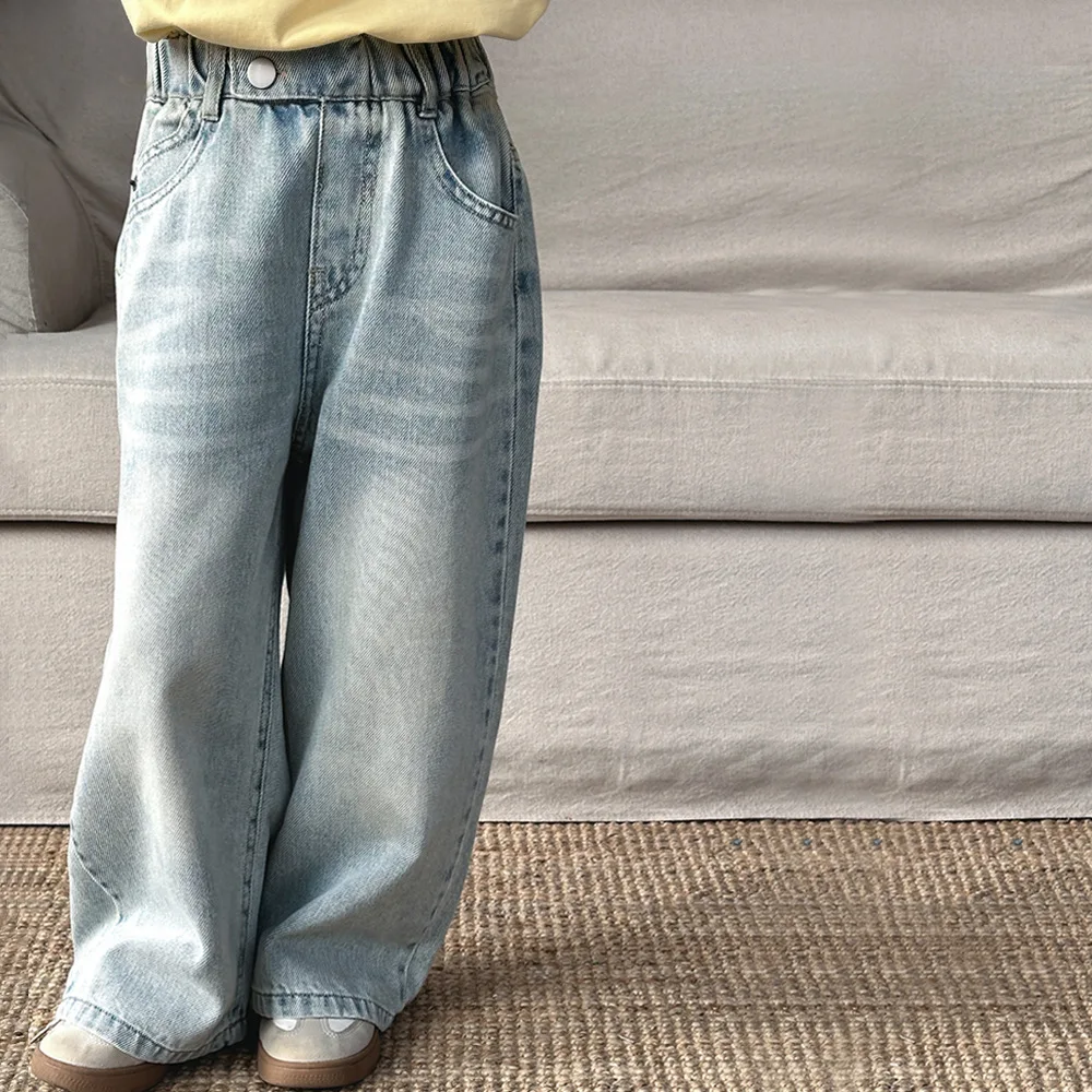 

Girls Pants Spring and Autumn Korean Version Straight Leg Denim Wide Leg Pants Casual Daily Temperament Versatile