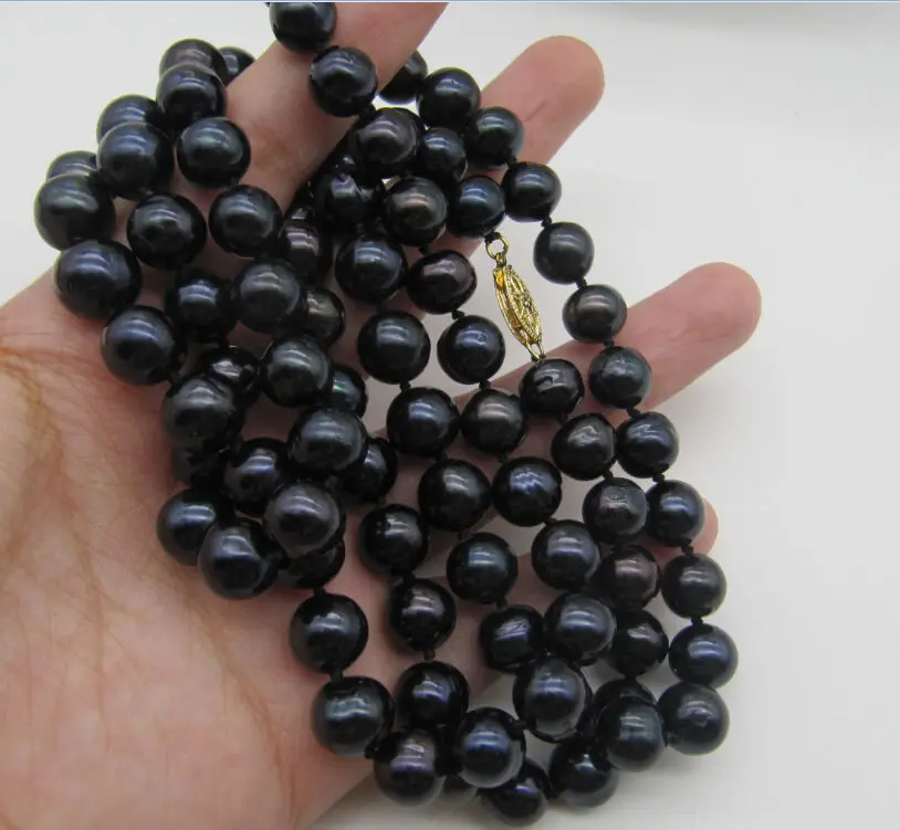 

REAL 32inch 8-9MM TAHITIAN NATURAL BLACK PEARL NECKLACE YELLOW k GOLD CLASP