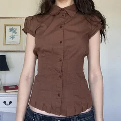 Y2k Vintage Shirts Aesthetic Fairy Crop Tops Cottage Tees Coquette Brown Pleated Button Shirt Women Short Sleeve Fitted Blouses