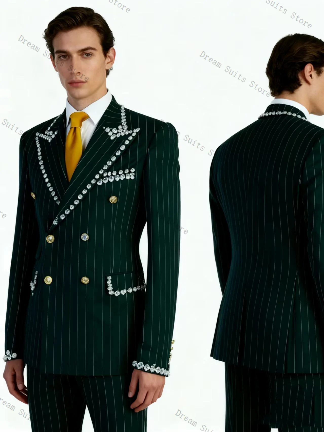 

Pinstripe Crystals Men Suit Set 2 Piece Blazer+Pants Trousers Customized Formal Office Business Jacket Wedding Tuxedos Prom Coat
