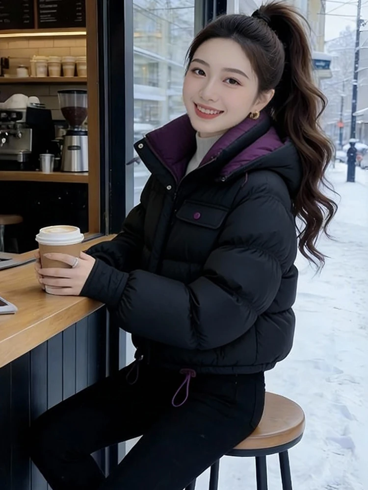 

Korean Sle Women's down Cotton Jaet Hooded Fce Lined Long Sve Winter Coat Warm Streetwear Bla Snowy Days