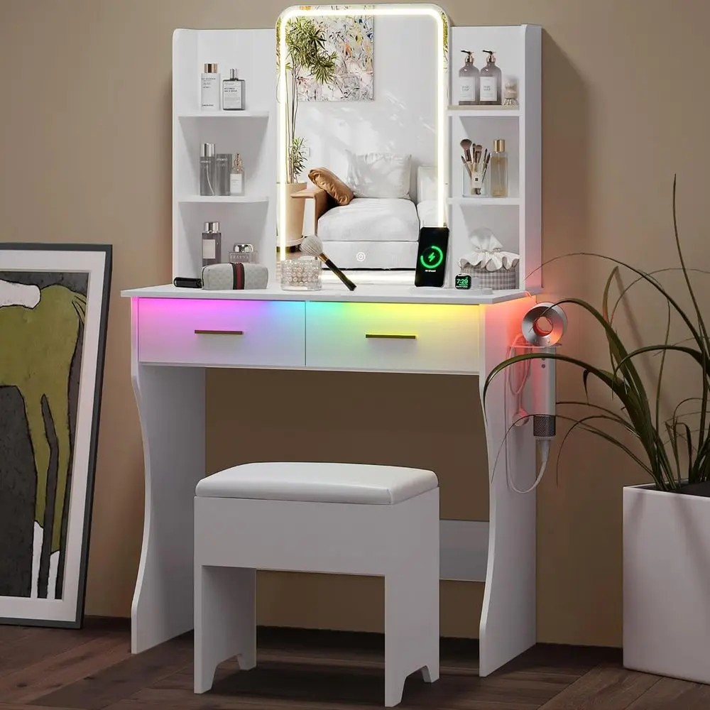 

Small Vanity Desk with Mirror and Lights, Makeup Vanity with LED Lights, White Vanity Mirror with Lighted Desk and Chair, 3 Ligh