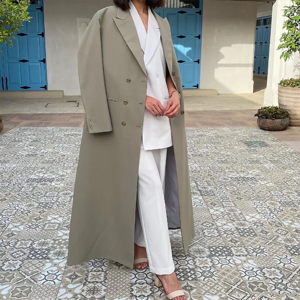 Elegant khaki Women Long Jacket Slim Double Breasted Female Daily Coat Formal Ankle Length Dress jaqueta feminina