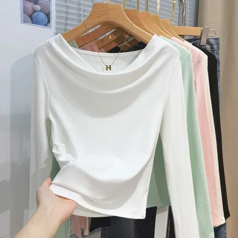 Trendy Tee for Autumn Winter 2026 Pure Desire Draped Neck Long Sleeve Women T-shirt Mature Style One Shoulder Neck Basic Top