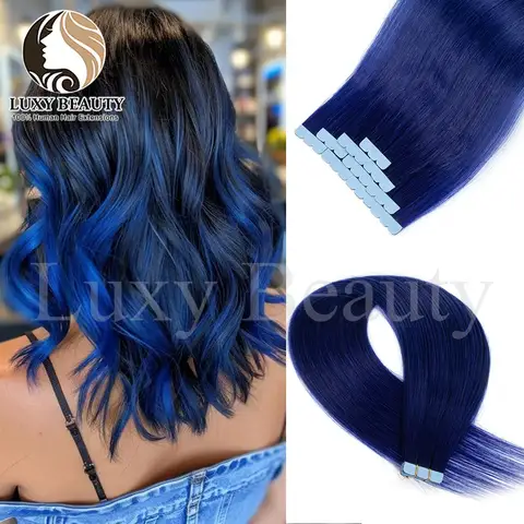 Mini cinta de color azul en extensiones de cabello humano, cinta Invisible sin costuras en el cabello, 10 Uds., Mini cinta de pelo rosa, rojo, verde, púrpura y azul