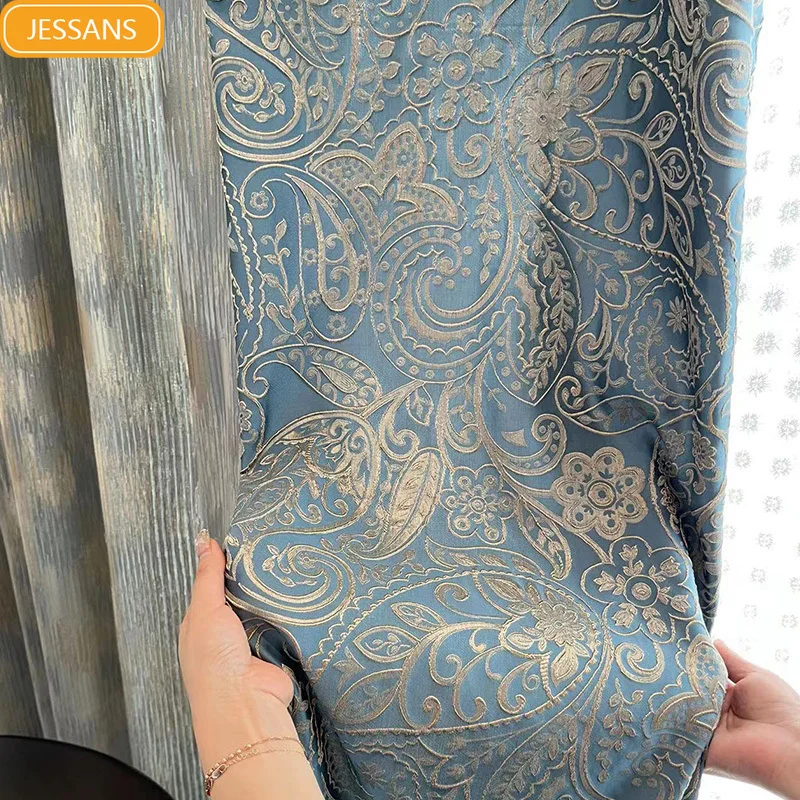Gold Embossed Blue Jacquard Splicing Thickened Blackout Curtains for Bedroom Living Room French Window Balcony Window Customized