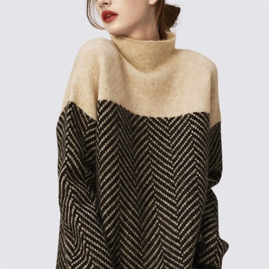 

European And American Style Color-Block Half-Turtleneck Knitwear Jacket Loose Fit Pullover Design for Autumn Winter