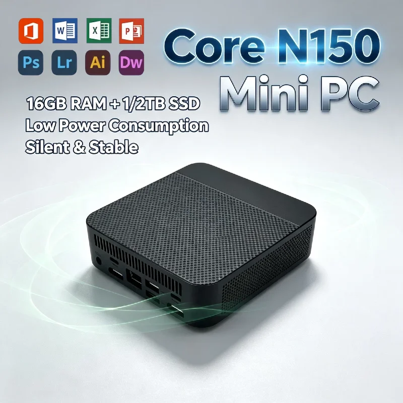Intel N150 Mini PC 16GB DDR4 M.2 NVMe SSD 512GB Triple 4K Output WiFi6 Silent Cooling Office Home Student Pro Ultra Max