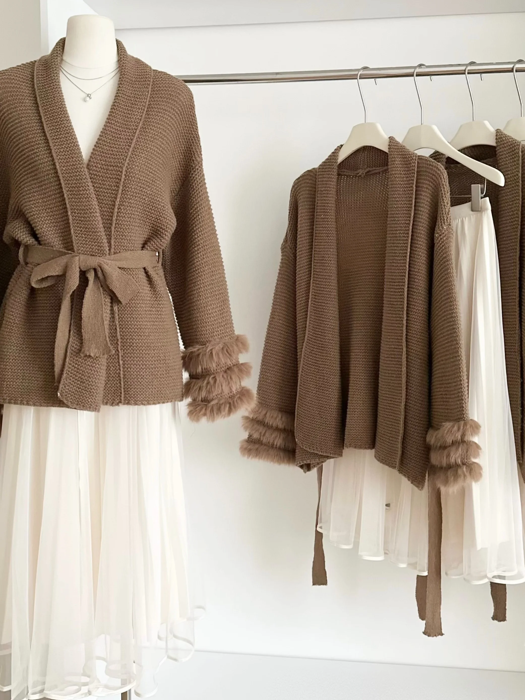 لو الحياة الراقية الشعور المرأة محبوك سترة مفتوحة طويلة Sve فروي مربوط الخصر فضفاض سترة غير رسمية الخريف Faion