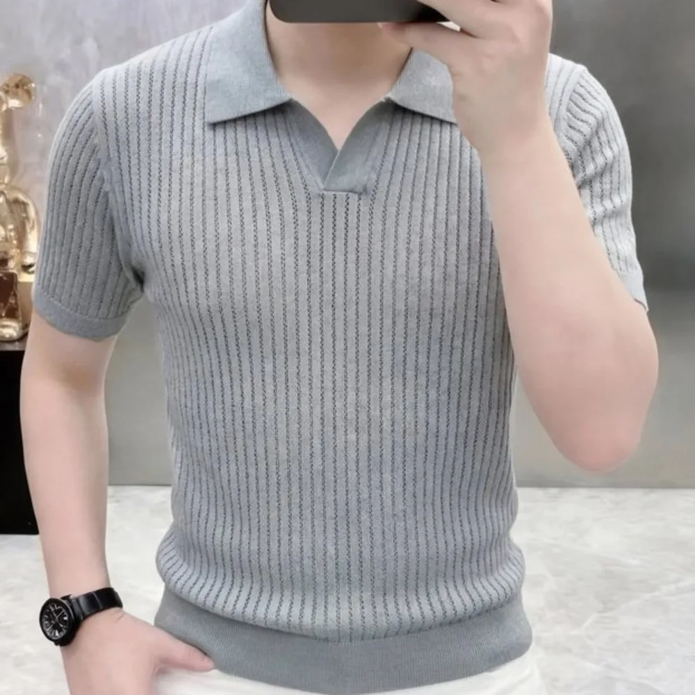 

Мужская дышащая трикотажная рубашка-поло в британском стиле, летняя, однотонная, повседневная, приталенная, с отложным воротником, 2026