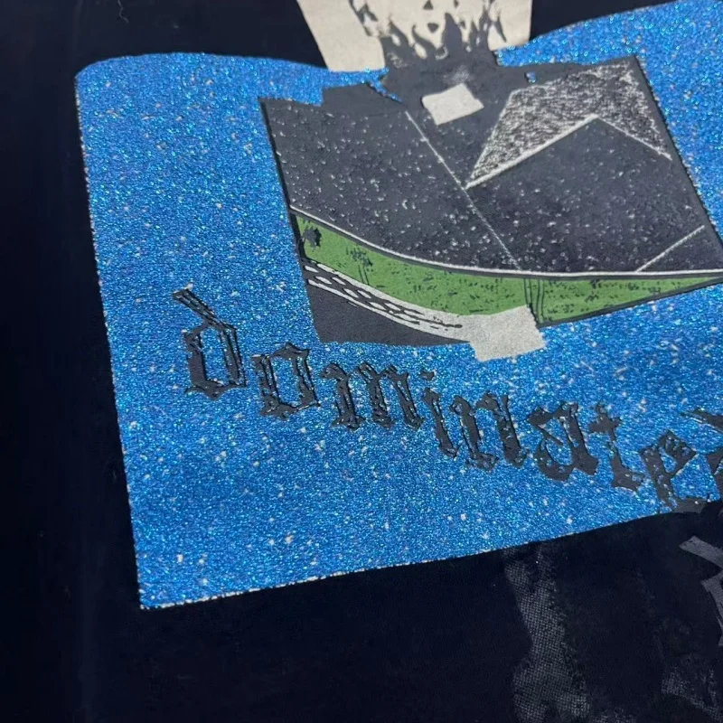 Paly Rhinestone Mask Print T-Shirt Unisex Streetwear Oversized Casual Hip Hop Short Sleeve