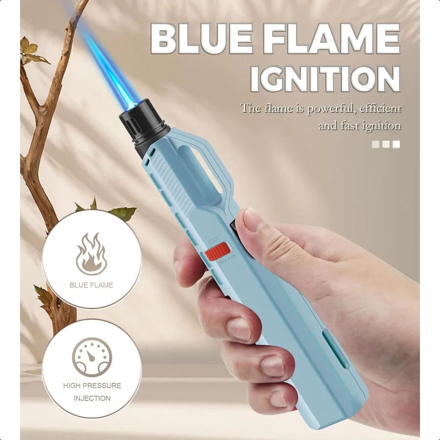 4 عبوات من ولاعة الشعلة المقاومة للرياح وقابلة للتعديل مع قفل أمان ولاعات شعلة البيوتان الطويلة القابلة لإعادة الملء للتخييم والشواية