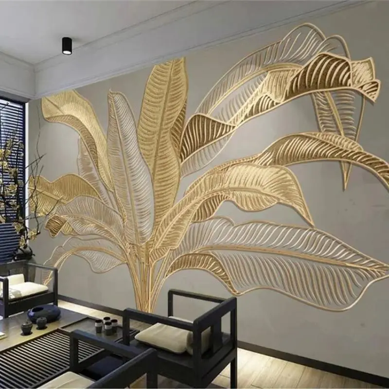 

Wellyu Custom mural 3d atmospheric banana leaf Nordic green plants light luxury golden embossed lines background wall wallpapers