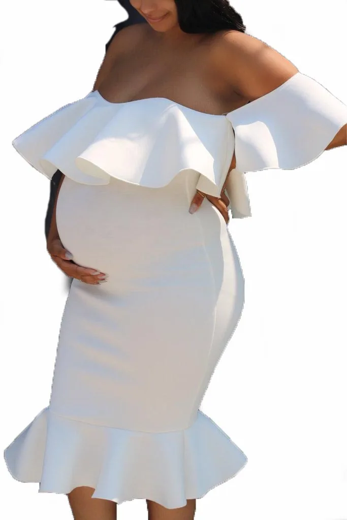 Women&#039;s elastic maternity ruffle collar trailing dress long dress photography dress