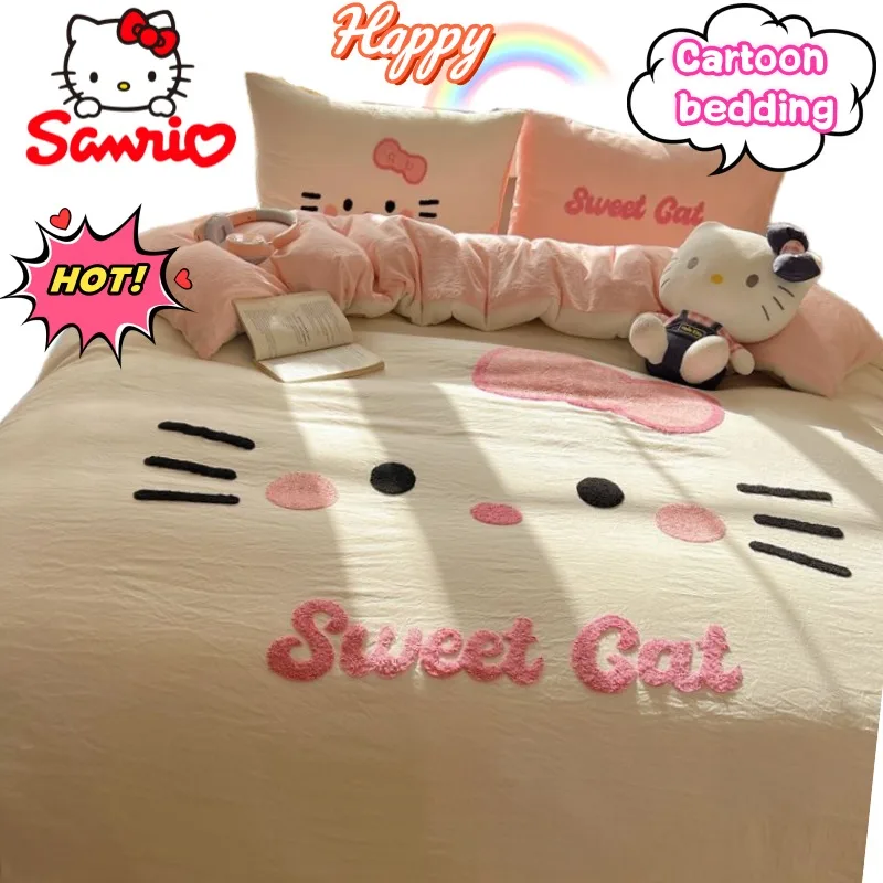 

Sanrio Hello Kitty, высококачественный креативный новый комплект из стираного хлопка из четырех предметов, милый пододеяльник, простыня, комплект из трех предметов для общежития