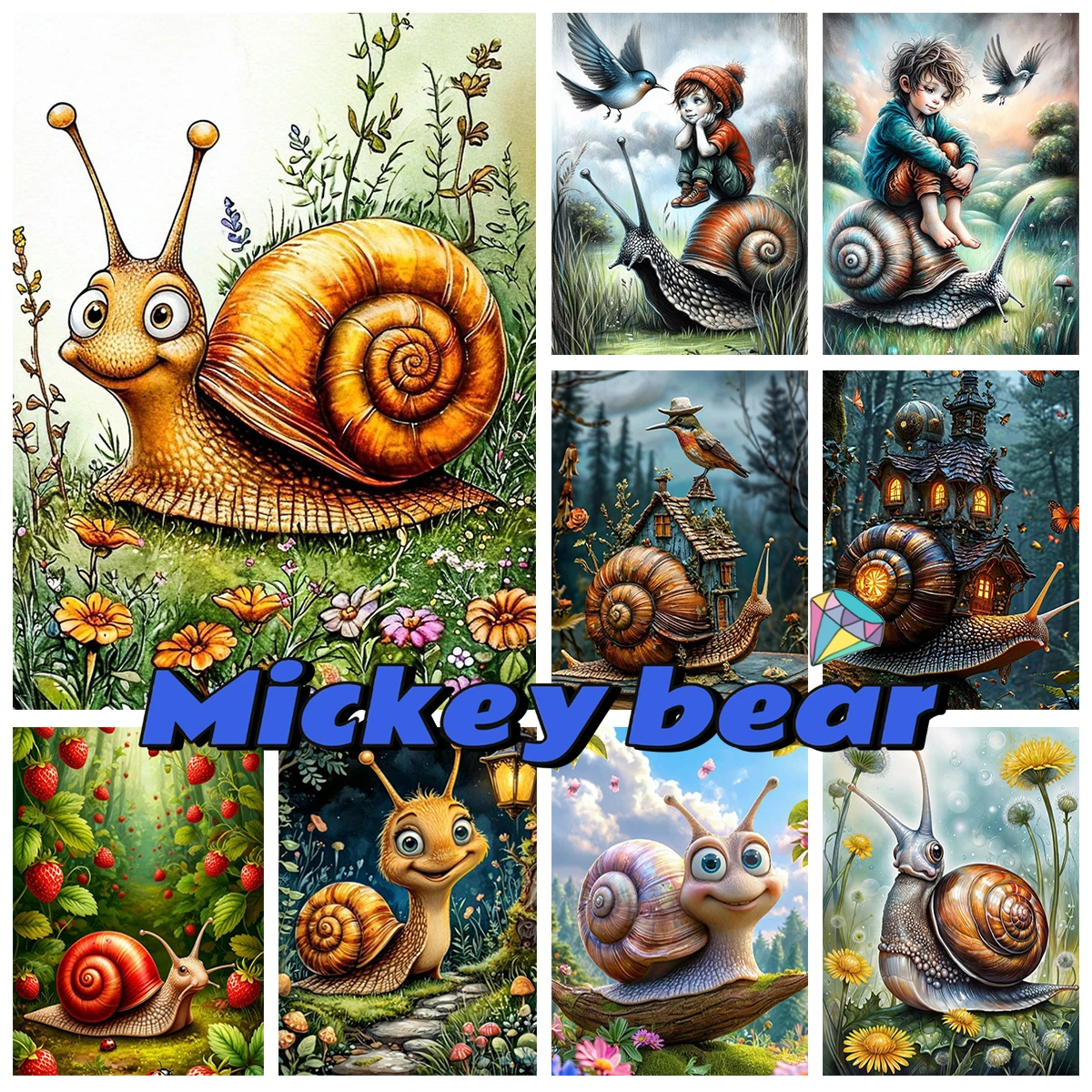 

Little Boy Riding A Snail 5D Diamond Art Painting Dream Snail Mural DIY Diamond Embroidery Mosaic Home Decor Creative Gifts