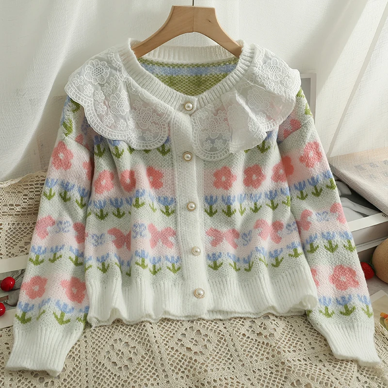 Imagem -02 - Suéteres de Renda Doce Estilo Japonês Babados para Mulheres Colarinho Peter Pan Cardigans Lolita Tops Florais Chiques Outono e Inverno