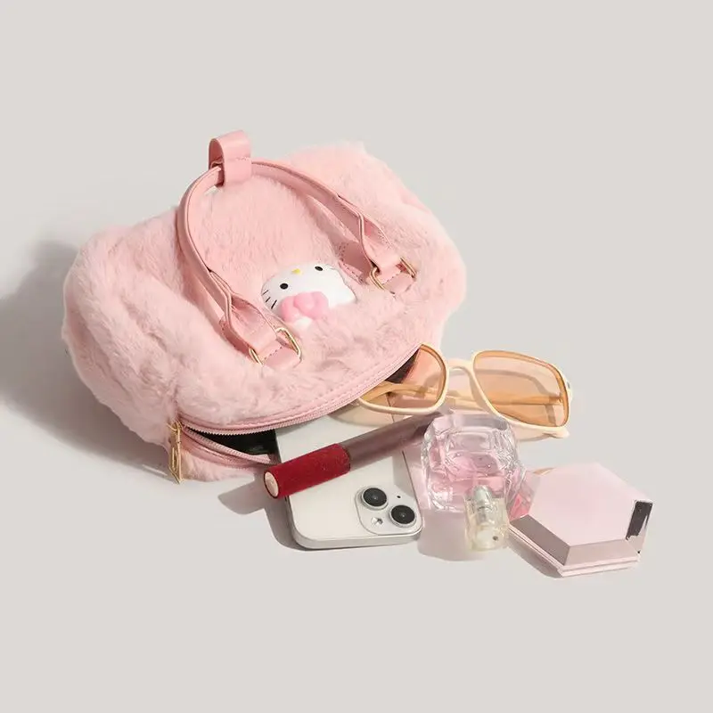 

Милая плюшевая сумка Hello Kitty для женщин, кавайная розовая пушистая мини-сумка-тоут, мягкая сумка из искусственного меха с верхней ручкой, повседневная сумка через плечо для девочек