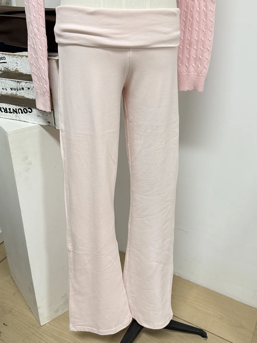 Flip up Pink Skinny Yoga Pants Women Autumn Elastic Cotton Long Flare Pants Female Sweet Casual Preppy Style Y2K Sport Trousers