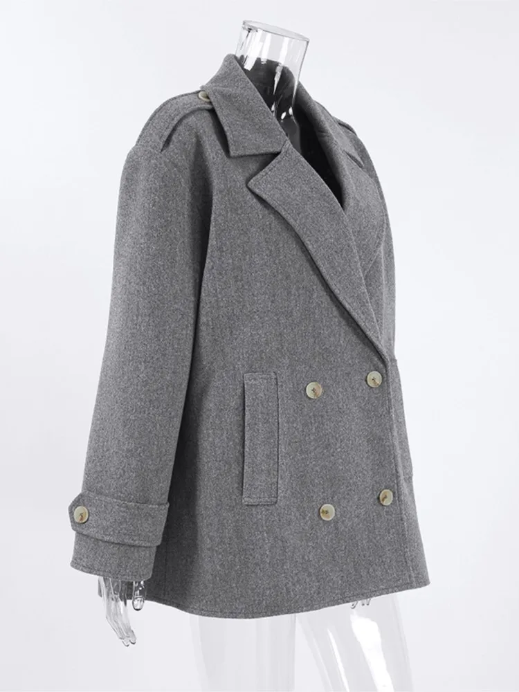 Grauer Woll-Blazer-Mantel für Damen, elegant, Vintage, zweireihig, langärmelig, Mantel 2025, neuer Frühling, Büro-Dame, lässige Anzüge, Oberbekleidung