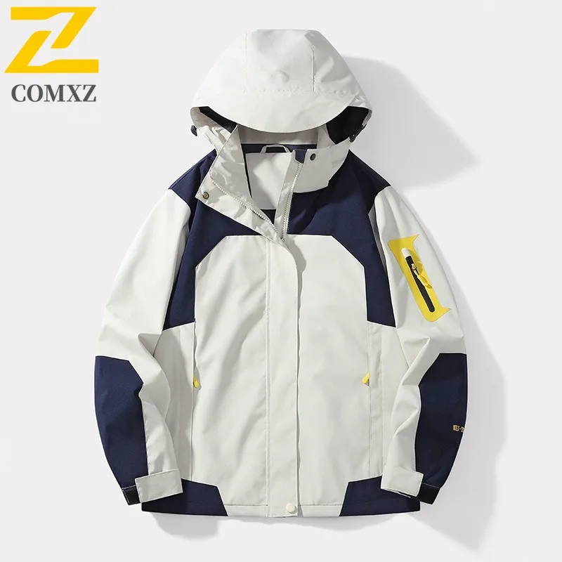 

COMXZ Men Jacket Classic Hooded Outdoor Mountaineering Windproof Jackets Splicing Design Travel Lightweight Spring Autumn Coat