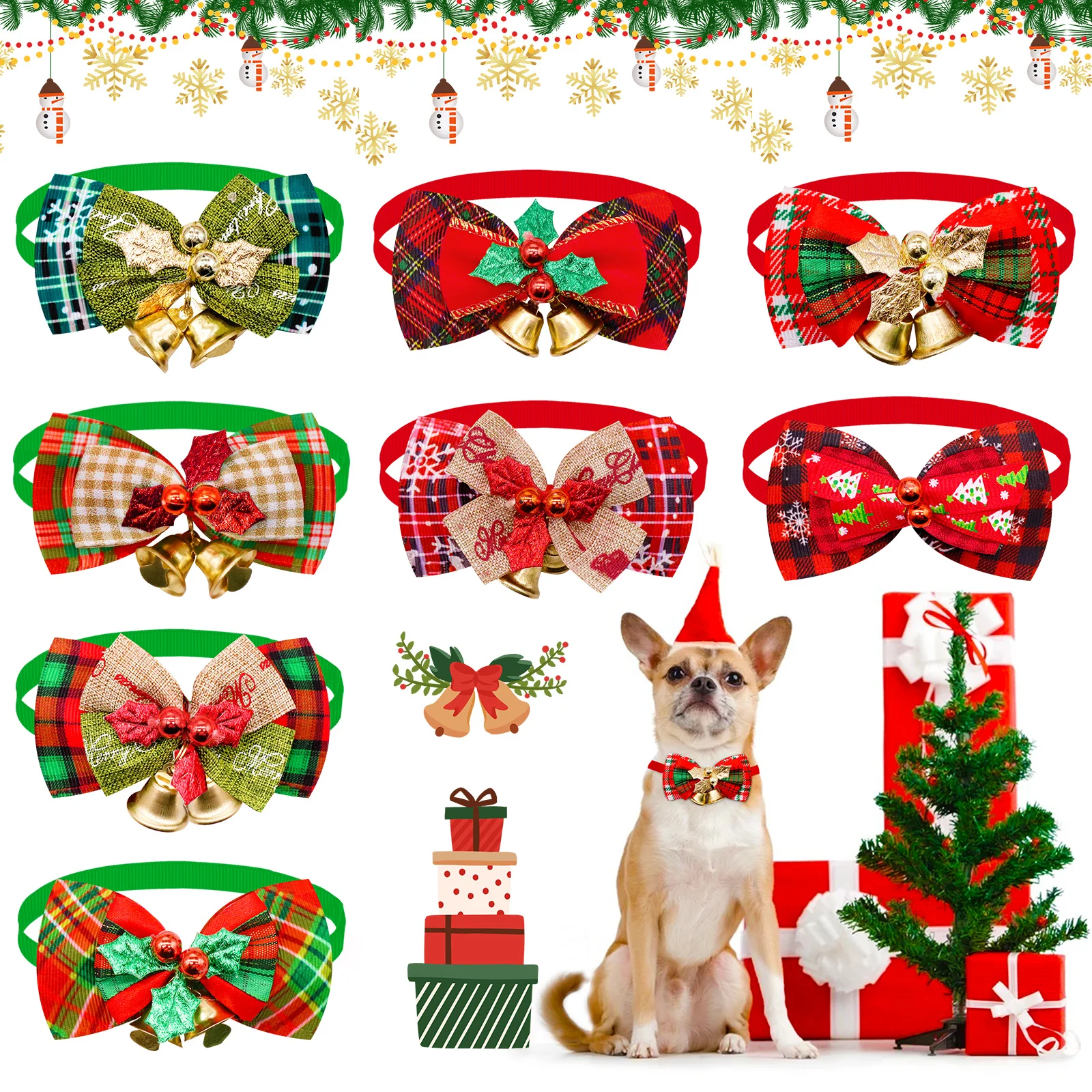 

10PCS Christmas Dog Bowties With Bell Classic Plaid Pet Collars Dog Grooming Accessories Pet Dog Bow Ties Pet Supplies For Dogs