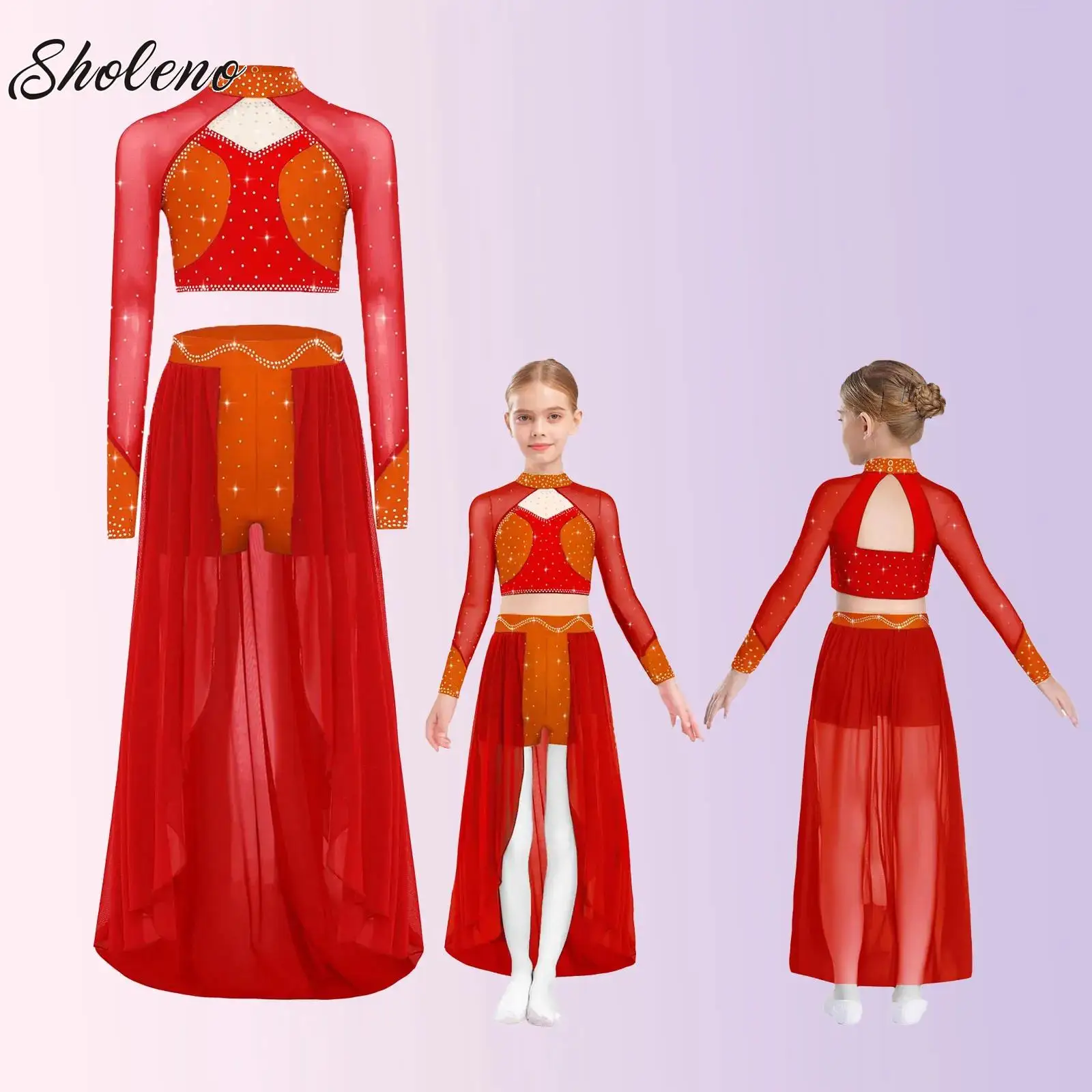 

Kids Girls Dance Suits Shiny Rhinestones Gymnastics Leotards Crop Top and Skirt Ballet Lyrical Modern Contemporary Dance Costume