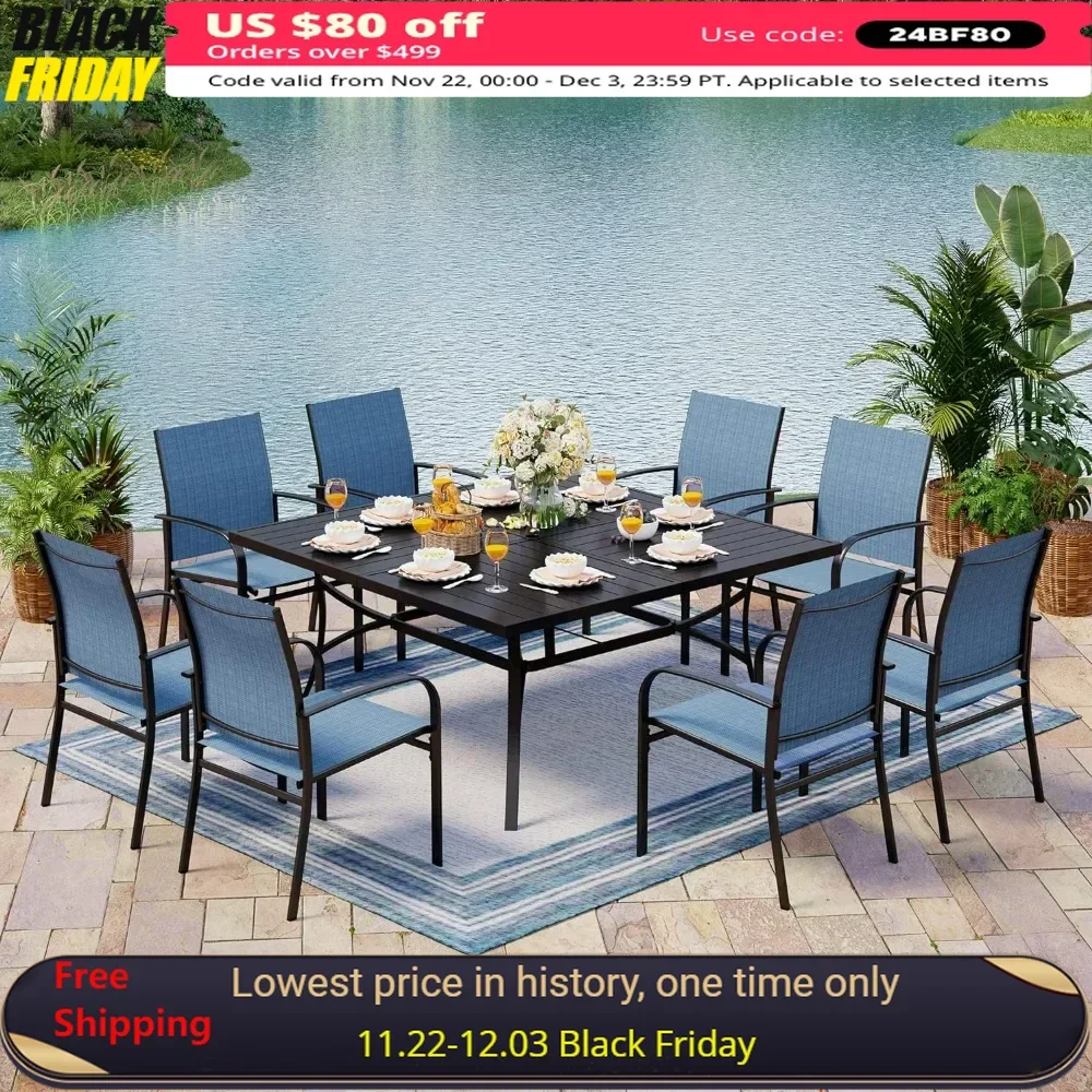 

Outdoor Dining Sets,8 Textilene Patio Chairs and Large Square Table for Deck Garden Backyard Lawn Poolside，patio Furniture