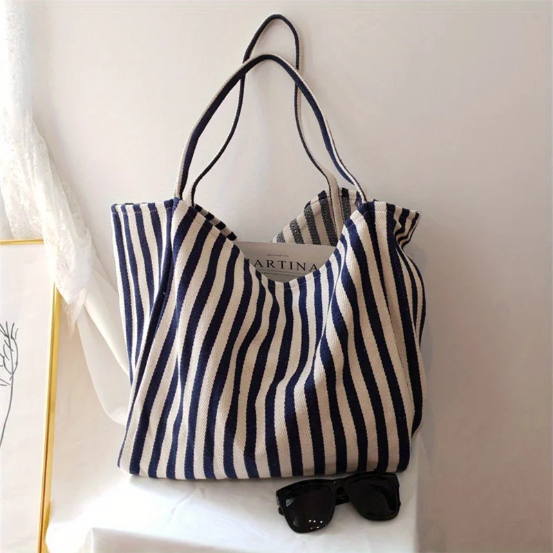 1PC retro literary handbag, simple small fresh striped canvas bag, versatile casual large capacity shoulder bag for women