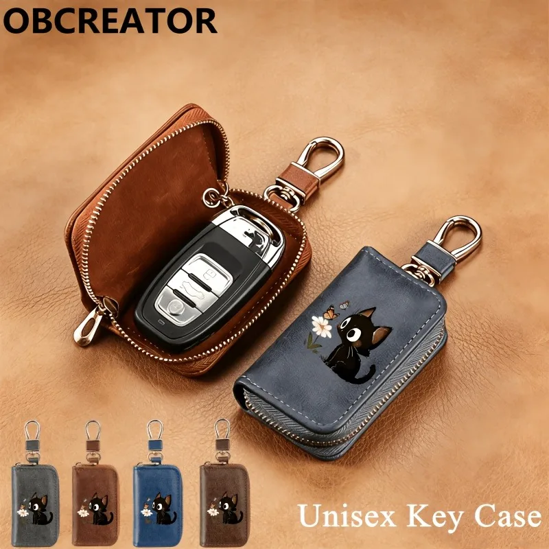Retro Men's PU Key Bag Adorable Cat Flower Pattern Car Remote Key Storage 2D Printed Men's Accessory Keychain