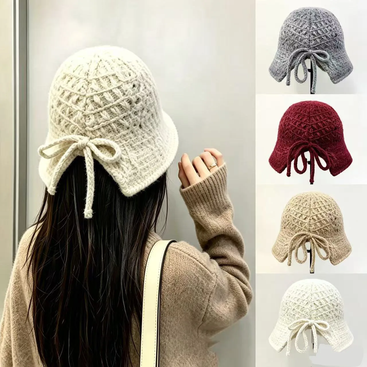 Autumn Winter New Knit Bucket for Women Outdoor Warm Windpoof Versatile Show Face Small Fashion Post-split Bowknot Basin Hat