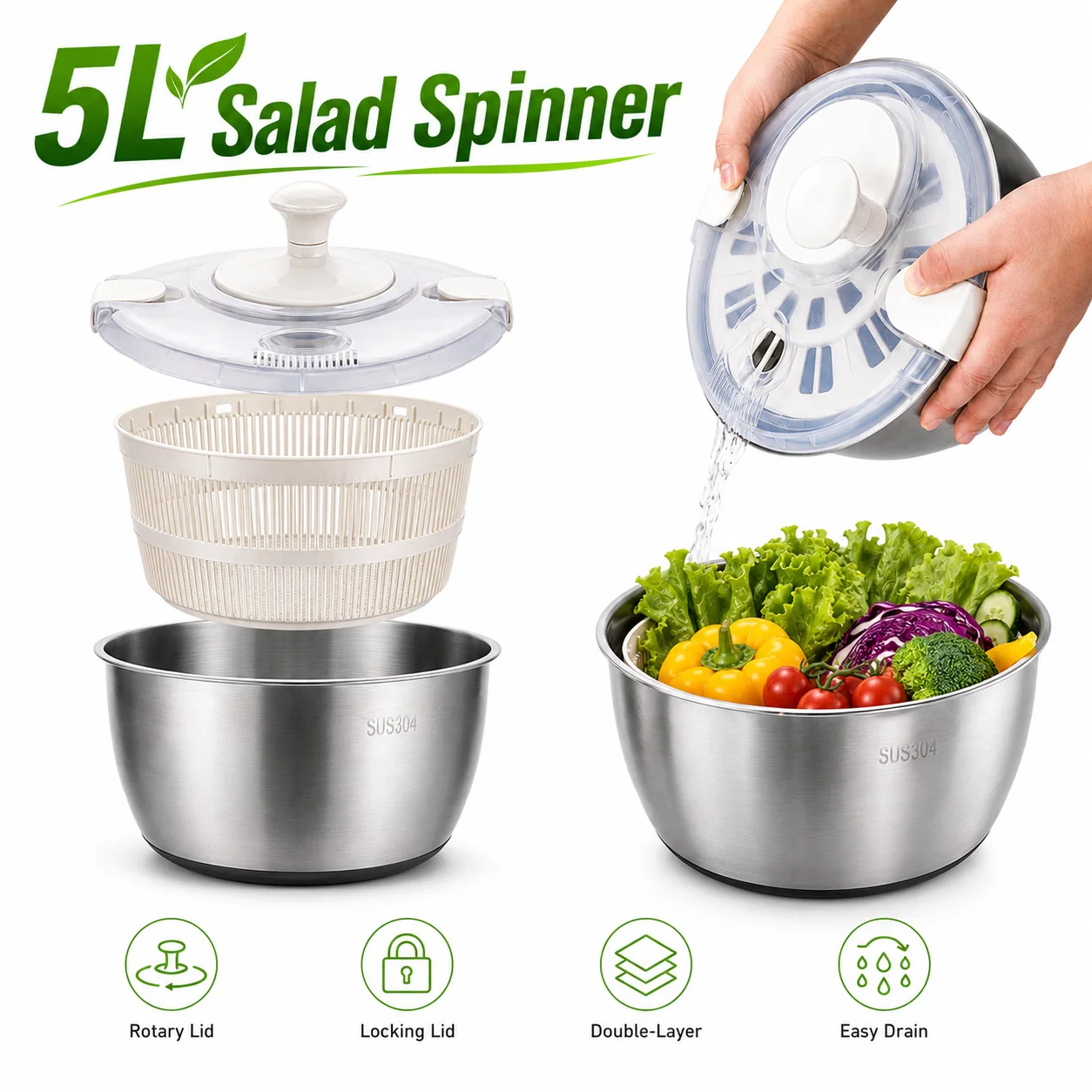 Großer 5L Salatschleuder mit Handkurbel, Gemüsetrockner mit Verriegelung und rutschfester Basis, Küchenhelfer zum Obstwaschen