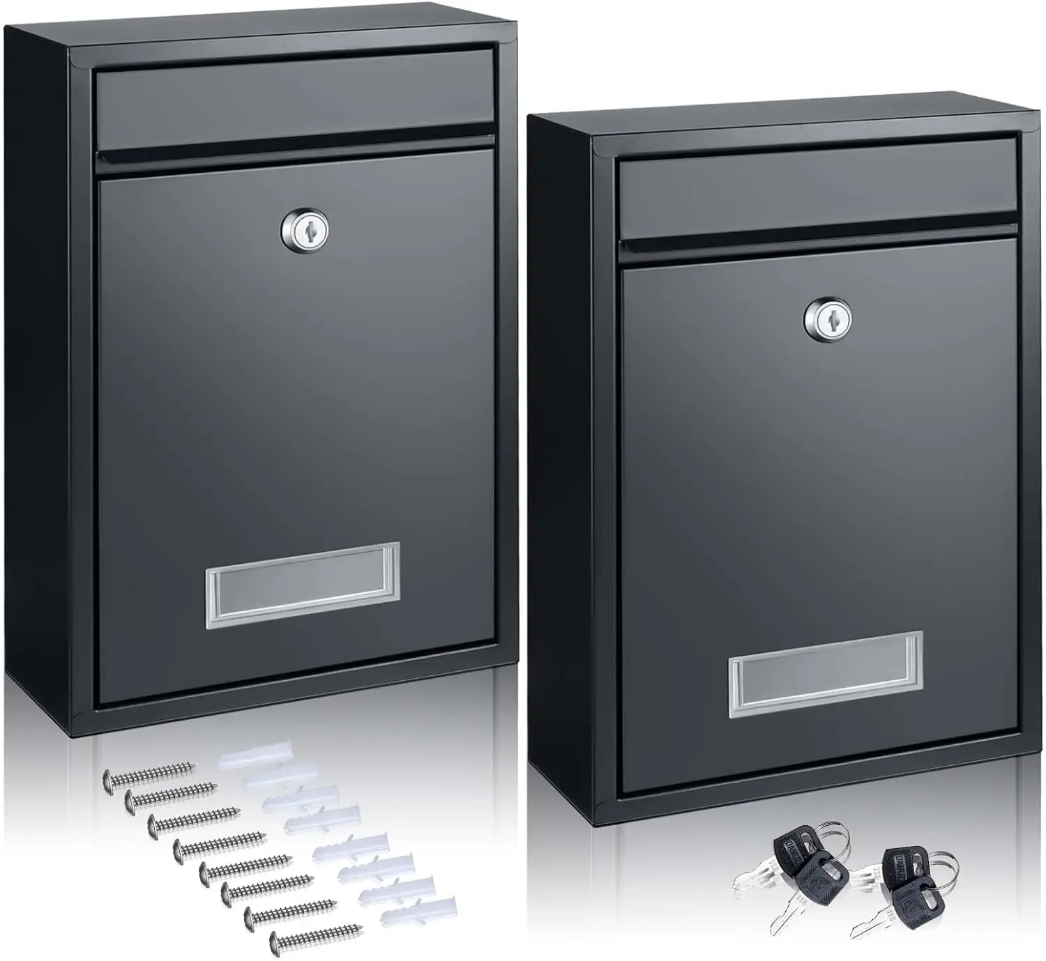 

2 Pack Wall Mount Mailbox, Large Steel Locking Mailbox for Outside, Rust Proof with Key, 12.68 x 8.54 x 3.31 Inch, Black