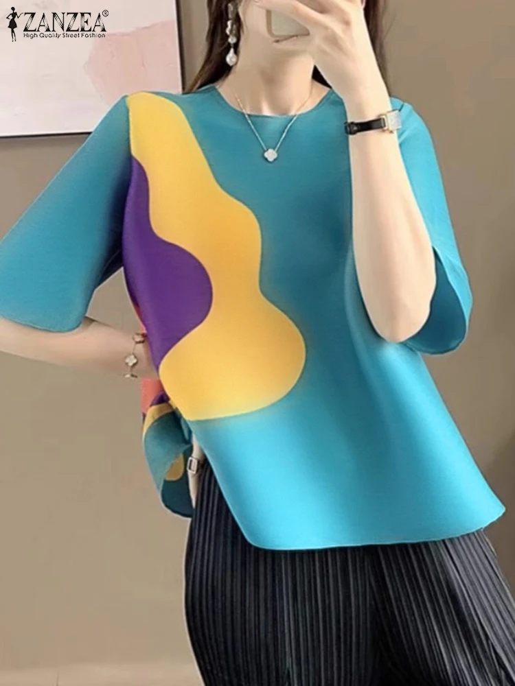 

ZANZEA 2025 Summer Retro Shirts Holiday Colorblock Tees Women Short Sleeve T-shirts Casual Loose Printed Tops Oversized Blouse