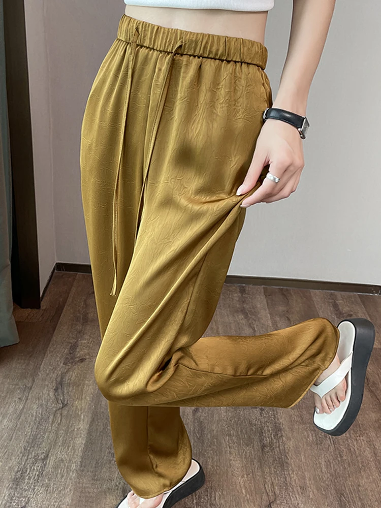 Women Solid Color Leisure Satin Jacquard Baggy Elastic Waist Wide Leg Palazzo Pants Pocket Wide Leg Long Pants Calcas Feminina