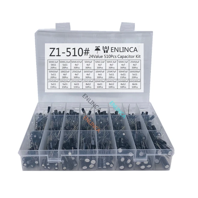 510 sztuk/partia 24 wartości 10 V/16 V/25 V/50 V (0,1 uF ~ 1000 uF) kondensator elektrolityczny różne kondensatory asortyment próbki zestawy elektroniczne