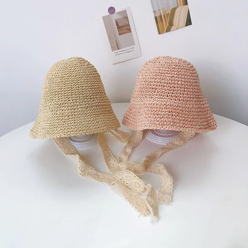 Baby Hat Summer Straw Baby Girl Cap Fashion Lace Bow Beach Children Panama Hat Princess Baby Hats and Caps Kids Hats image 2