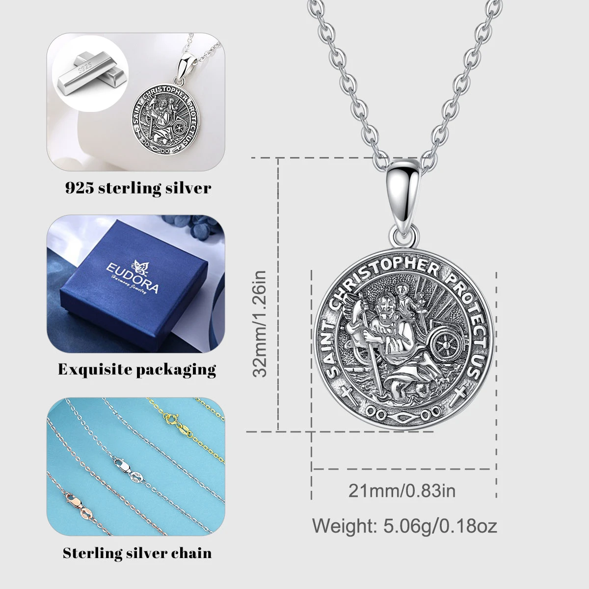 Eudora 925 Sterling Silver Saint Christopher Medal Pendant for Man Women Saint Christopher Protect Us Necklace Religion Jewelry