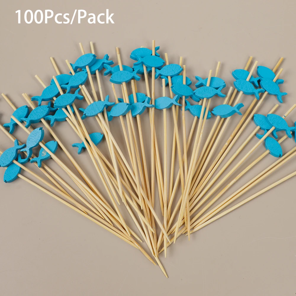 100Pcs Blue Fish Bamboo Food Picks Buffet Dessert Fruit Fork for Kids Birthday Baby Shower Wedding Retirement Party Decoration