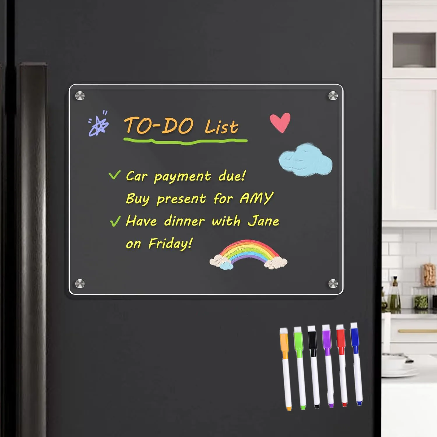 Clear Dry Erase Board White Acrylic Refrigerator Magnetic Whiteboard Fridge Calendar Hanging Includes 6 Whiteboard Marker A3/A4