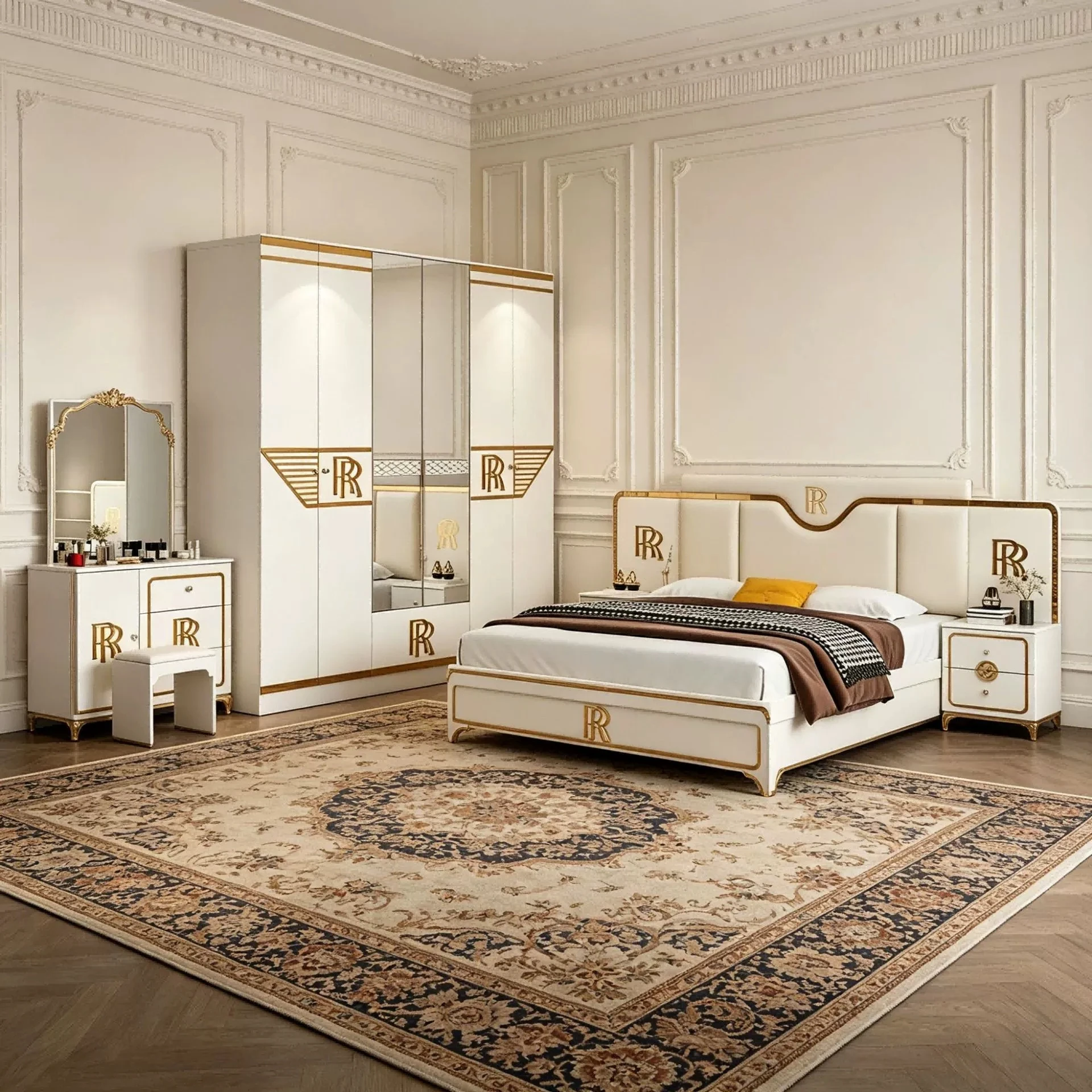 MINGDIBAO 6-Piece Luxury White & Gold Bedroom Set with Mattress, Bed, Wardrobe, Nightstands and Vanity Table, Bedroom Collection