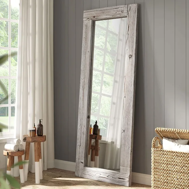 Rustic Farmhouse Full Length Mirror - Wood Frame Floor Standing Bedroom Mirror (64" x 24" / White)