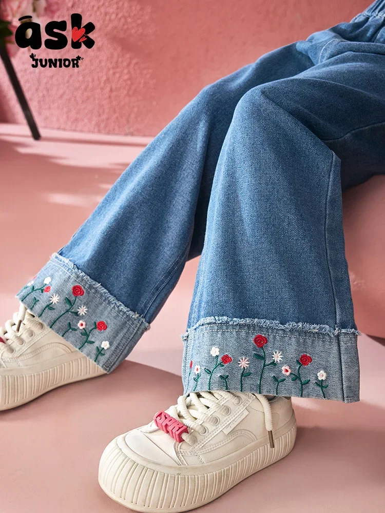 ASK جونيور توين بنات ربيع القدم التشفيه المطرزة الرجعية غسلها الجينز #5